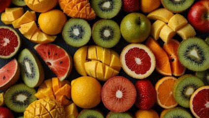 Sliced fruits arranged in a vibrant top view pattern.
