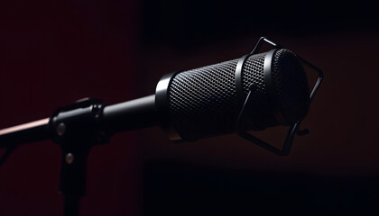 Obraz premium A sleek black microphone on a stand, ready to capture the magic of music and voice, whether for recording a studio album, a live concert performance, or a simple karaoke session