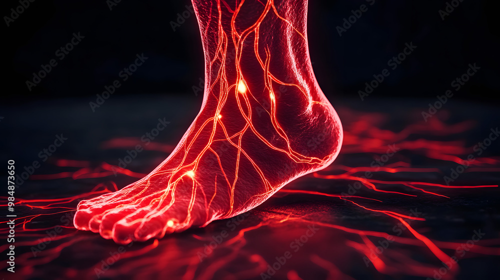 Poster glowing red nerve lines spreading from feet on dark gradient background symbolizing diabetic neuropa