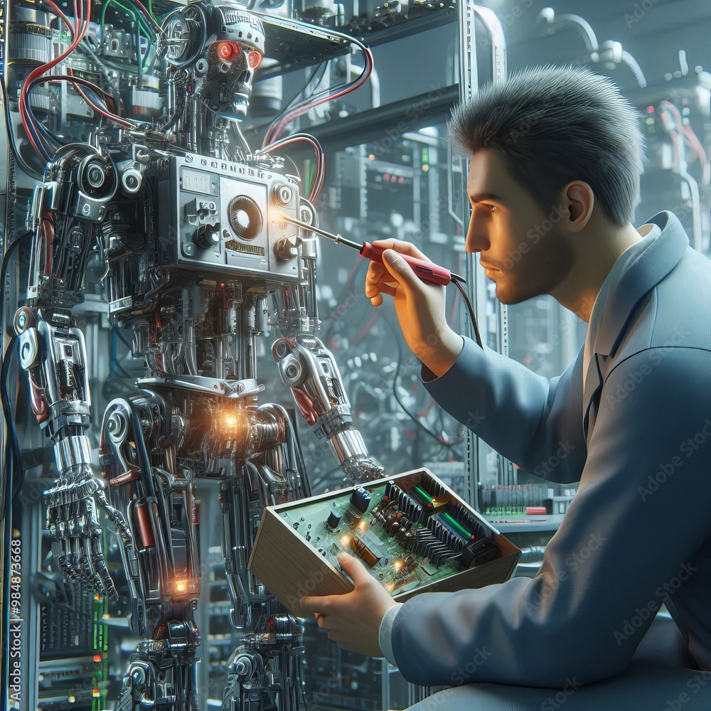 Aufkleber a focused engineer uses a screwdriver to work on a robot's control panel. the robot stands amidst a 