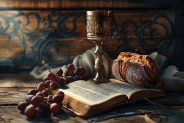 Fototapeta premium Holy communion. Catholic theme. Wooden background. Place for typography.