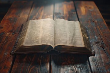 Obraz premium Open Bible on a wood table with light coming from above. Church concept. 