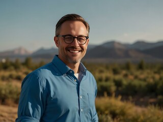 Smiling man in a blue shirt and glasses.