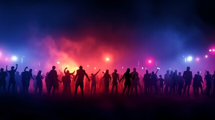 Fototapeta premium Silhouettes of people dancing at a crowded night party, under colorful lights and a foggy atmosphere, symbolizing energy, community, celebration, nightlife, and excitement.