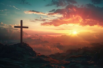 Easter concept  Cross silhouette on Calvary mountain at sunset.