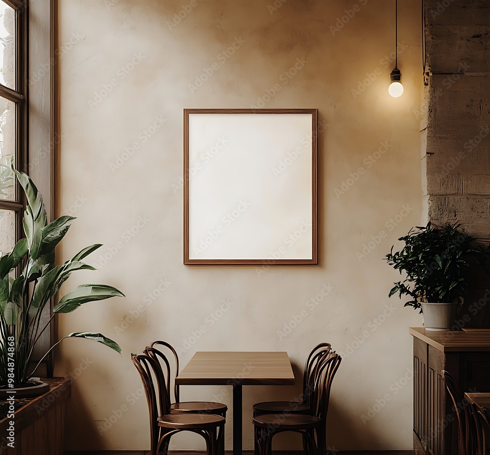 Canvas Prints Empty Frame Mockup Above Wooden Table in Rustic Cafe Interior