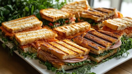 A stylish arrangement of several toasted sandwiches with different fillings, like ham and cheese and turkey and avocado, presented on a white platter with fresh greens.
