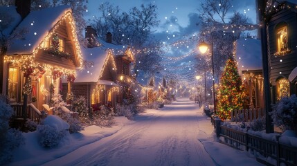 A snowy street scene with beautifully decorated homes and holiday lights.