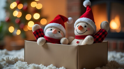 textile stuffed handmade small dolls, santa claus, cheerful snowman, close-up toys sitting in a box in light room decorated Christmas tree with garland lights, festive decoration, fire is fireplace
