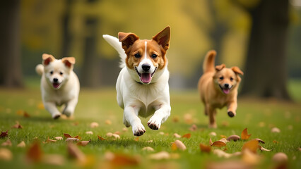 three puppies of different breeds playing and running in a park like rushing to arrive first, autumn scene, trees, fallen leaves, moment of fun and excitement