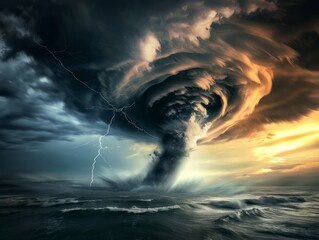 Dramatic image of a powerful storm forming over a turbulent ocean with lightning and dark clouds. Concept of natural disasters and weather extremes