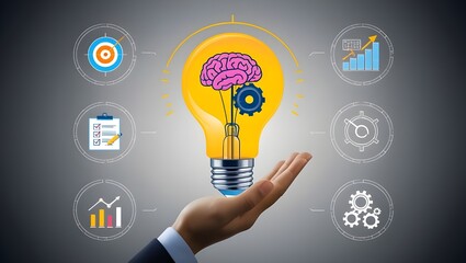 Innovation Process Lightbulb, Brain, and Business Analytics