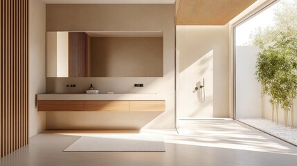 A stylish minimalist bathroom with a floating vanity, large mirror, and walk-in shower, featuring clean lines and a serene, clutter-free design.