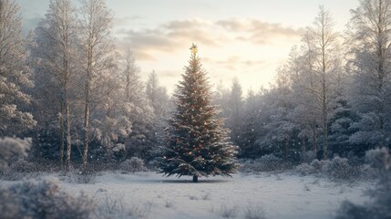 Christmas Tree in the middle of the Forest in a Snowy Day. X-Mas Event. 25th December.