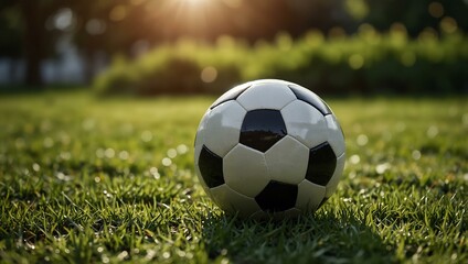 Soccer ball on grass in a sunny park, copy space.