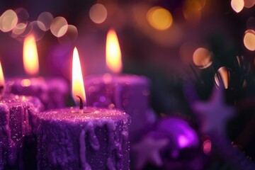 Advent Candles Burning In The Dark With Purple Glitter On Flames And Abstract Defocused Lights