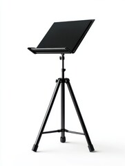 A modern black music stand on a tripod, perfect for musicians, composers, and orchestras, showcasing stylish design and functionality, white background