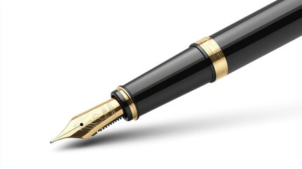Naklejka premium A sleek black fountain pen with a golden nib, symbolizing elegance and sophistication in writing and office supplies, white background