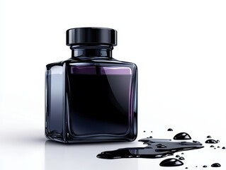 A sleek black ink bottle with a modern design, showcasing a small spill of ink for artistic and creative inspiration, white background