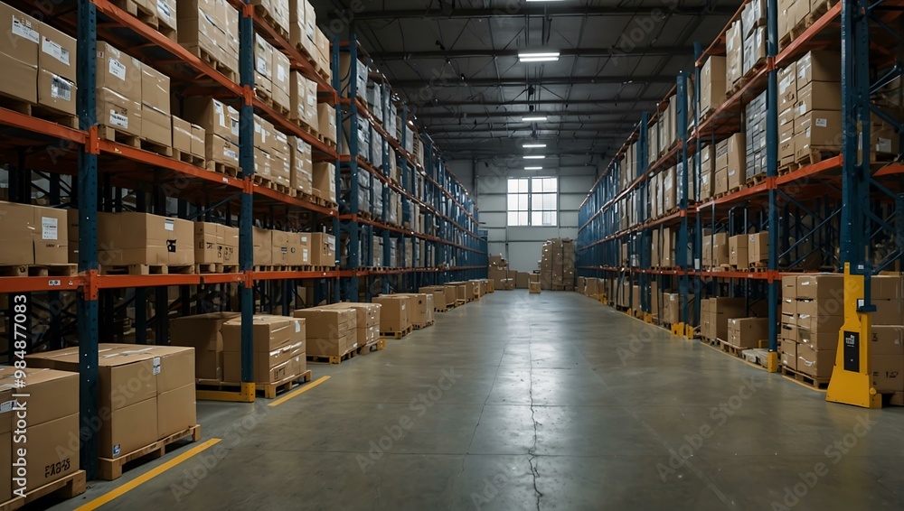 Poster sophisticated warehouse with automated shelving and sorting systems, illustrating advanced logistics