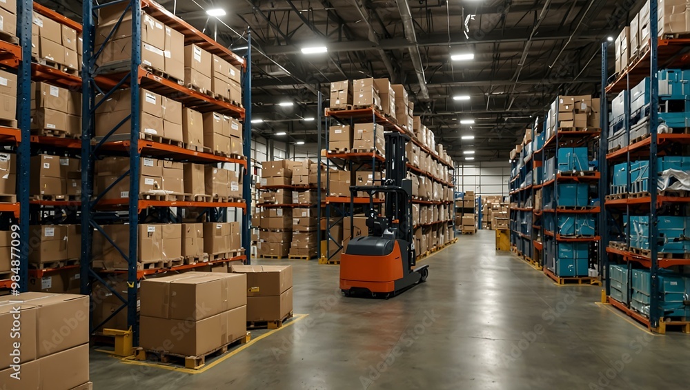 Poster Sophisticated warehouse with automated shelving and sorting systems, illustrating advanced logistics.