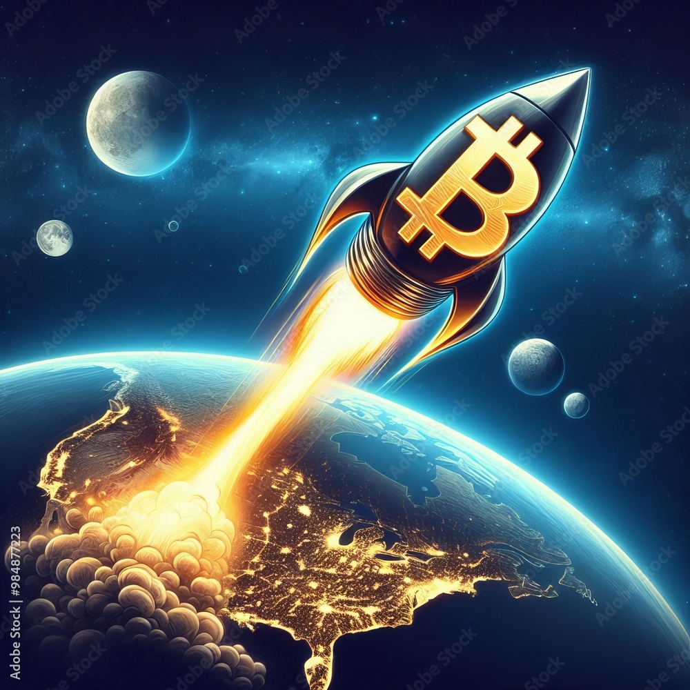 Poster a stylized representation of a bitcoin logo on a rocket, launching into space from earth. the image 