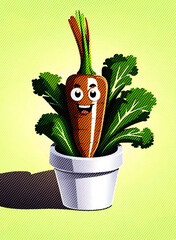 Cartoon carrot in a pot on a green background. Vector illustration.