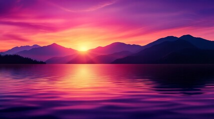 Fototapeta premium Serene sunset over calm water with a silhouette of mountains reflecting the vibrant pink hues of the sky. A breathtaking moment of tranquility and beauty.