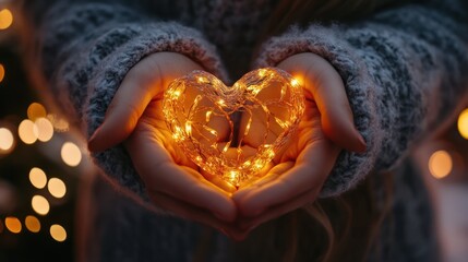 Female hands holding heart shaped glowing christmas lights