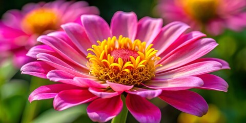 Obraz premium A Close-Up of a Pink Zinnia's Delicate Petals and Golden Center, zinnia, flower, macro photography