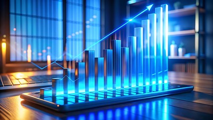 A futuristic close-up of a glowing blue bar graph projection over a keyboard, displaying yearly data  in a cinematic, high-tech scene.
