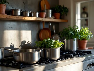 Stainless steel pots and pans on a bright kitchen stove with sunlight and plants.