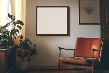 Blank Square Frame Mockup in Mid Century Modern Living Room