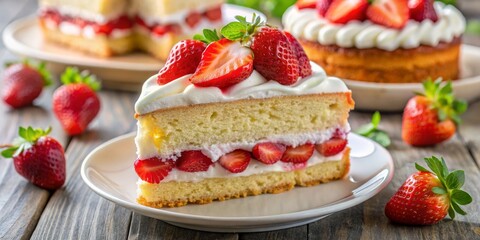 A Slice of Strawberry Cake on a White Plate, Dessert ,Cake ,Strawberry