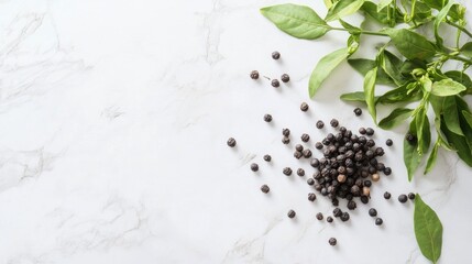 Fototapeta premium A top-down view of a fresh peppercorn plant with black peppercorns on a white countertop, showcasing the raw ingredient used in various cuisines.