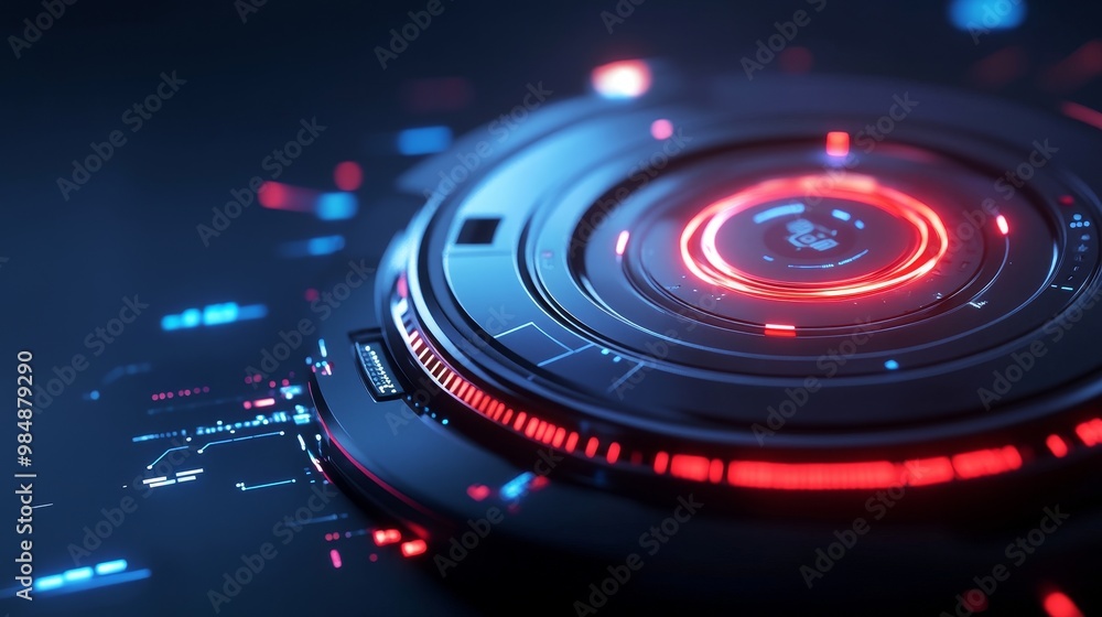 Poster a sleek futuristic device with a glowing interface, representing innovation, progress, and technolog