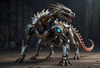  A robotic dragon on a dark background