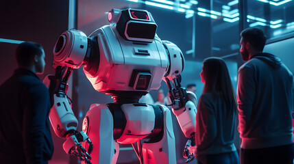 Robotics team presenting autonomous robot at tech expo