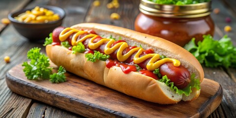 Classic Hot Dog with Mustard and Ketchup, on Wooden Board, Food Photography, Hot Dog, Fast Food, Food Photography