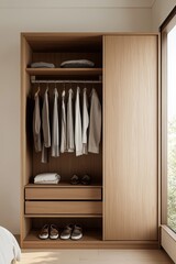 Minimalist Wood Wardrobe Interior with Clothing and Shoes Display in Serene Bedroom Setting, Symmetrical Composition - Calm and Stylish Home Organization Concept