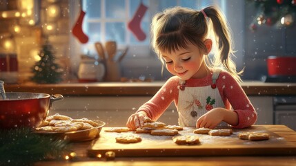 Happy funny little girl bake christmas cookies on cozy kitchen at home . Design ai