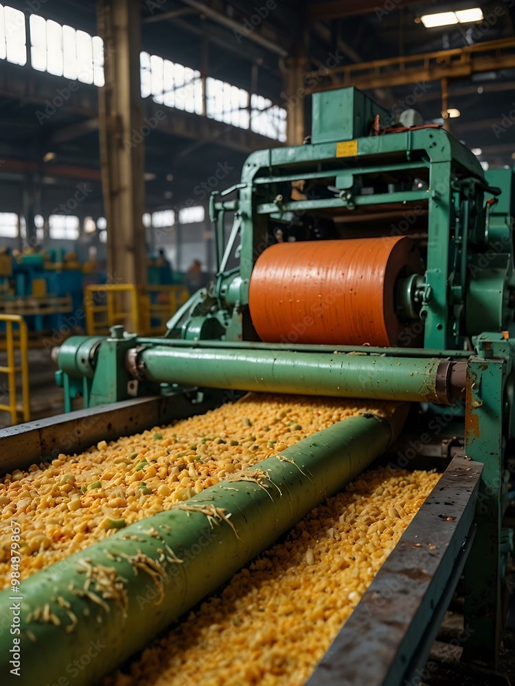 Poster sugarcane being processed in a large factory with colorful, efficient machinery.