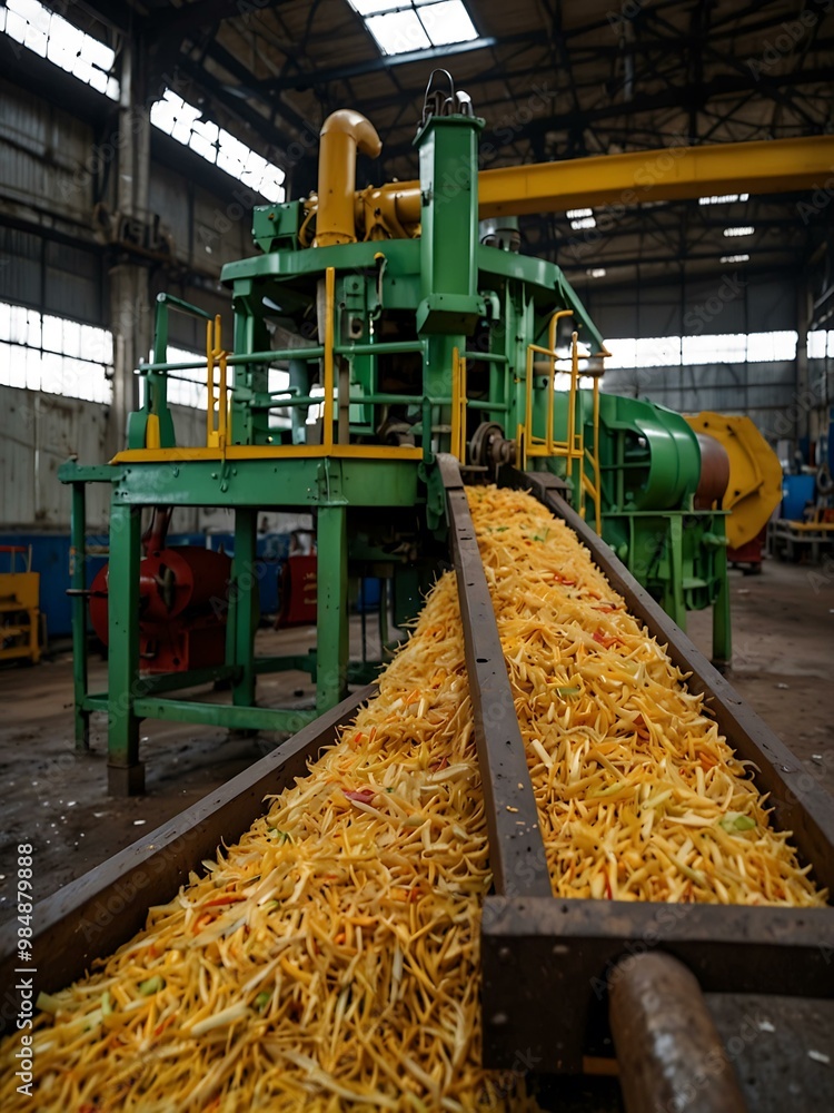 Poster sugarcane being processed in a large factory with colorful, efficient machinery.
