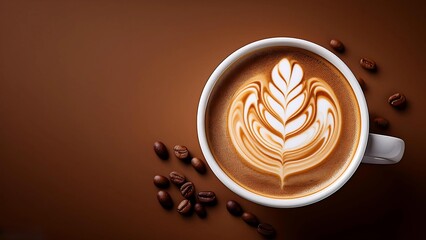 cup of coffee with beans isolated on dark background with copy space