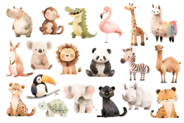 Watercolor safari animals isolated on transparent background, baby illustrations
