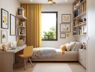 Modern Minimalist Children's Bedroom with Playful Touches and Tranquil Ambiance - Stylish Design with Yellow Accents and Cozy Textures, Ideal for Home Decor and Real Estate Promotions