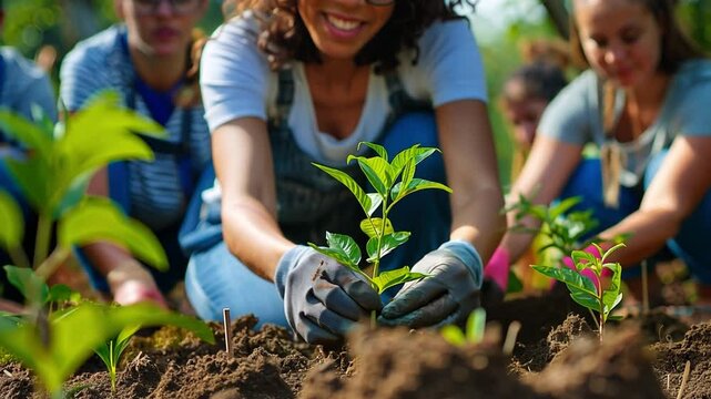 A diverse group of individuals participates in an outdoor tree-planting event, working together joyfully in the soil to foster greenery and support community efforts.