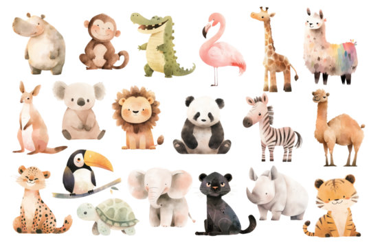 Watercolor safari animals isolated on transparent background, baby illustrations - Powered by Adobe