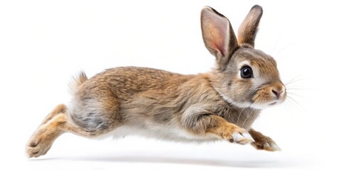 Obraz premium Cute Brown Rabbit Leaping Isolated on White, Rabbit, Hare, Bunny