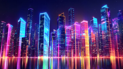 Revel in the cityscape of towering neon glass skyscrapers. Neon District. Illustration
